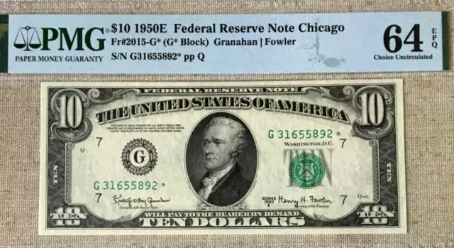 1950E $10 Federal Reserve *Star* Note Bank Of Chicago Pmg64 Epq Choice Unc  9422
