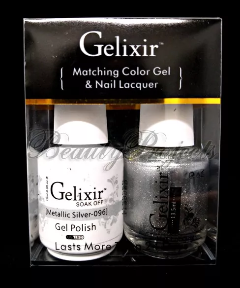 Gelixir Soak Off Gel Polish Metallic Silver 096 LED/UV .5oz Matching Gel Duo