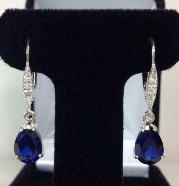 3 Ct Pear Simulated Blue Sapphire Drop & Dangle Earrings 14K White Gold Plated