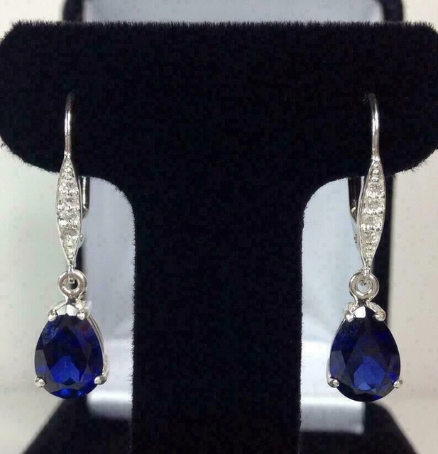 3 Ct Pear Simulated Blue Sapphire Drop & Dangle Earrings 14K White Gold Plated 3 Ct Pear Simulated Blue Sapphire Drop & Dangle Earrings 14K White Gold Plated
