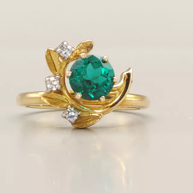 Estate 18k Yellow Gold Green Gemstone Ring, Tourmaline? Chrome diopside? Diamond