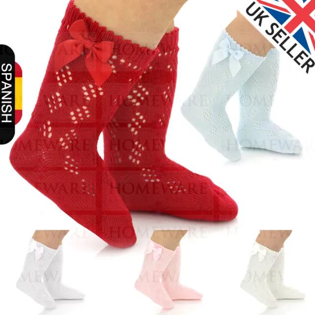 Baby Girls Pelerine Knee High Socks Spanish Bow Sock Spanish Designer White Pink