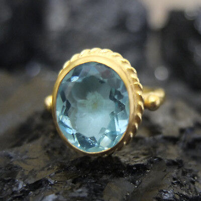 Turkish Ancient Handmade Nice Oval Blue Topaz Ring Gold Over Sterling Silver