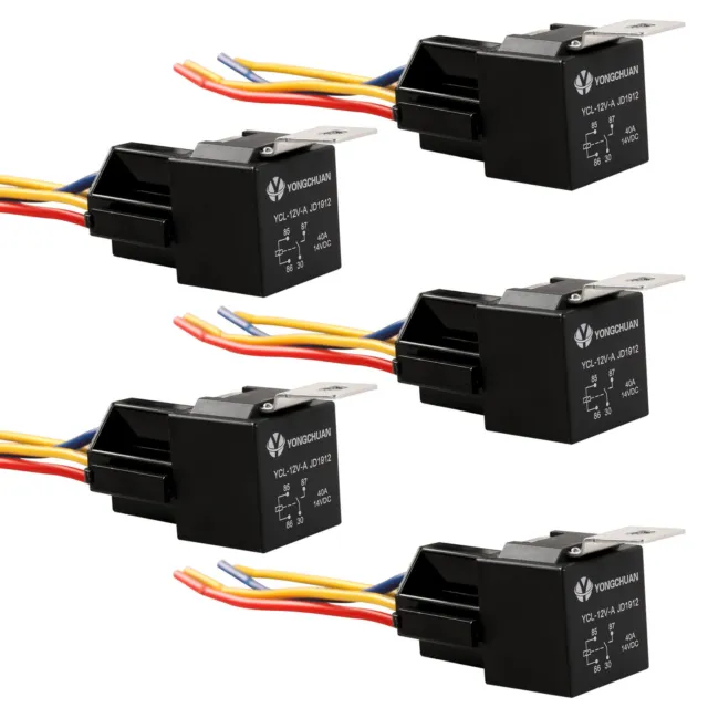 5 Pack 12V 30/40 Amp 4-Pin SPDT Automotive Relay with Wires & Harness Socket Set