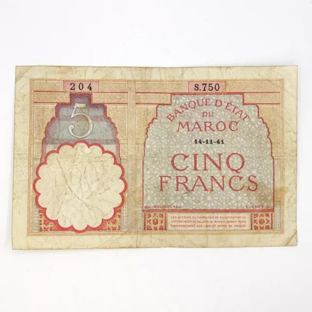 Morocco Small Size 5 Francs Note 1941 French occupation Banque D'état Du Maroc 3