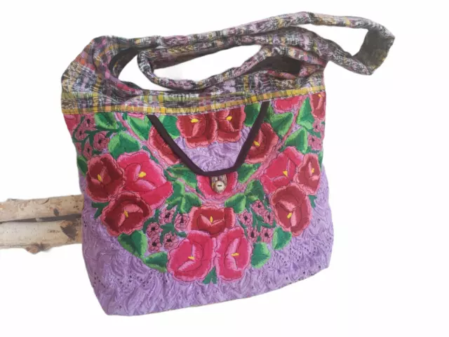 Guatemalan hobo ethnic huipil hobo bag purple and berry florals hand embroidered