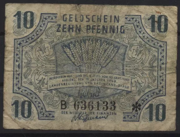 [20095] - RHEINLAND-PFALZ: 10 PFENNIG, 15.10.1947, Ros. 212 - Serie B - (= EUR 6