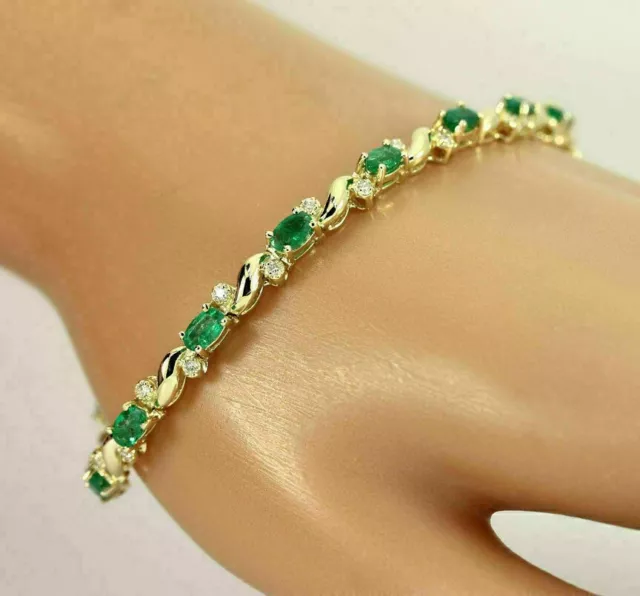 11Ct Oval Cut Lab Created Green Emerald Tennis Bracelet 14k Yellow Gold Over