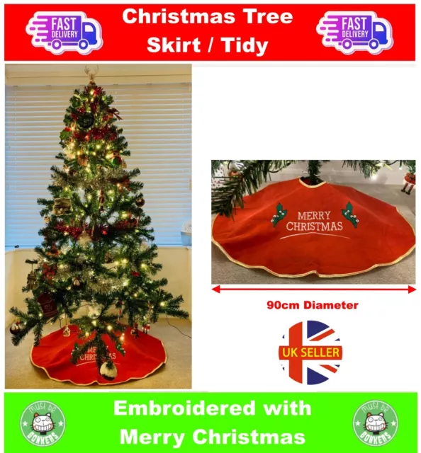 Red Christmas Tree Base Skirt with Gold Trim  90cm Floor Tidy Mat Cover Collar