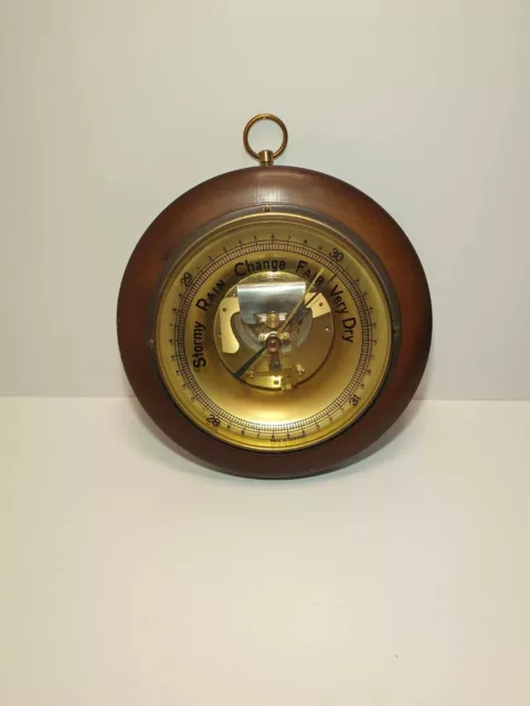 Vintage Mini Round Barometer Wood Base Brass And Glass  Made By Germany