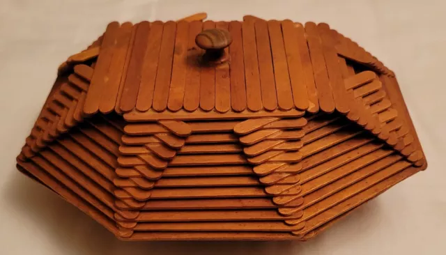 Vintage Popsicle Sticks Basket / Candy Bowl Handmade Folk Art Basket