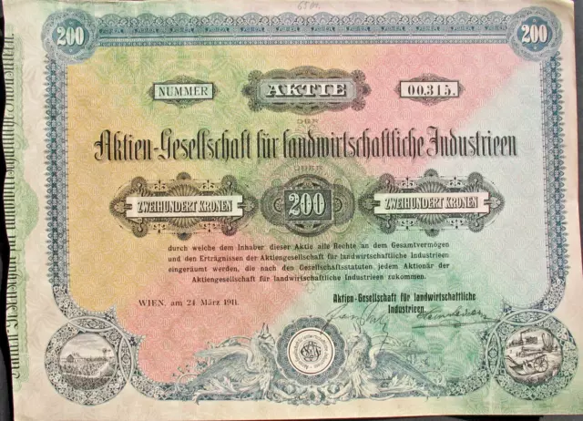 AG für landwirtschaftliche Industrien hist. Aktie + Kupons Wien 1911 Österreich