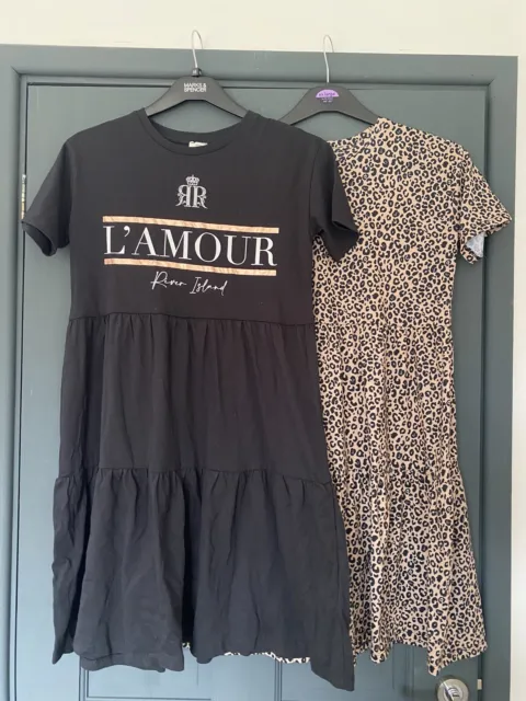 93. 2 x river island girls age 11-12yrs tiered smock dresses leopard print/black