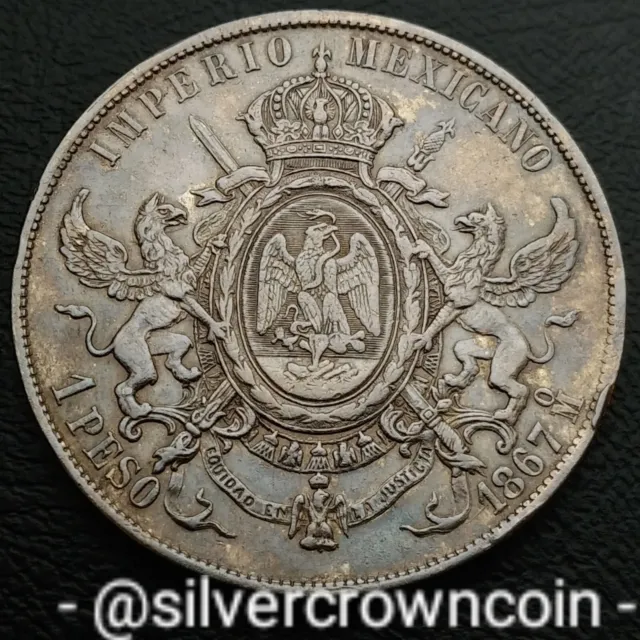 Mexico Empire 1 Un Peso 1867 Mo. KM#388.1. .903 Silver Coin. Maximiliano Emperor