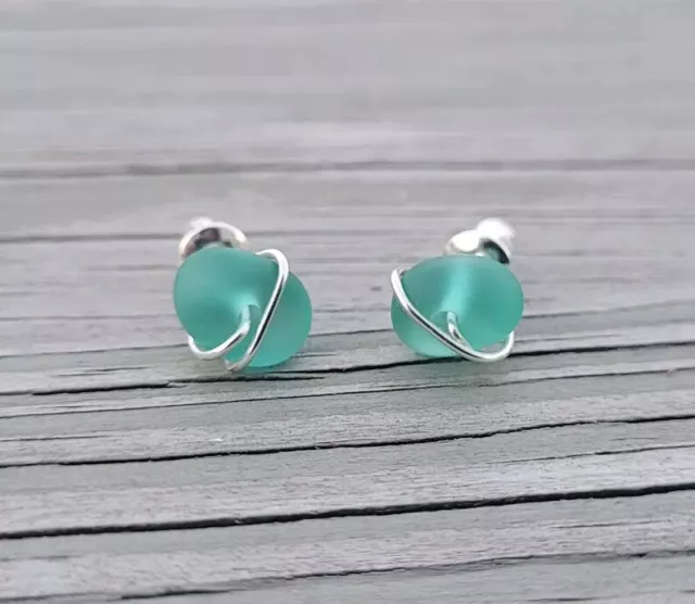 Beautiful Eco Reclaimed Sea Glass Sterling Silver Bound Earring Studs Green Blue 2