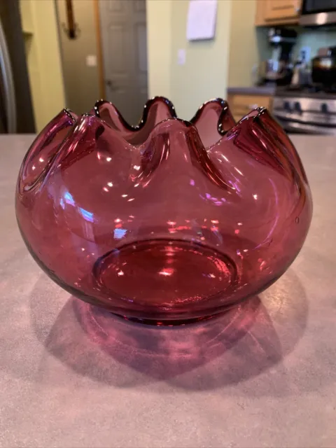 Vintage Cranberry Glass Rose Bowl Vase Footed Ruffled Rim