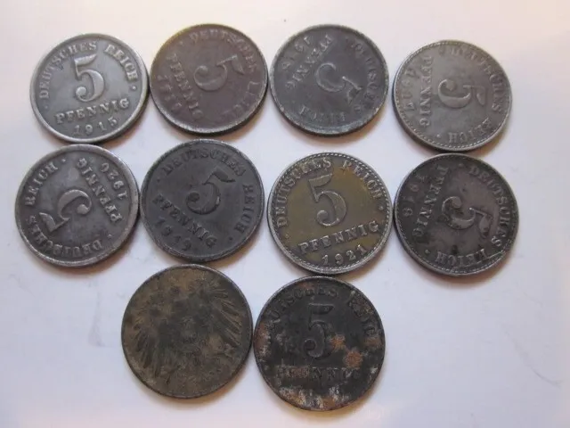 Kaiserreich Ersatzmünzen 1.WK 10x5Pf Eisen verschiedene Jahre+Buchstaben