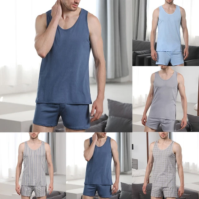 Uomo Cotone Set Pigiama Gilet senza Maniche Pantaloncini Abbigliamento Comodo