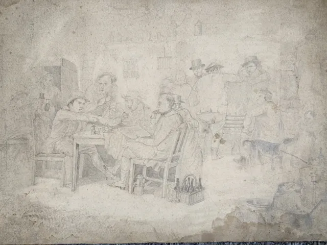 Antique 19th C Original indistinctly signed pencil drawing pub or bar scene