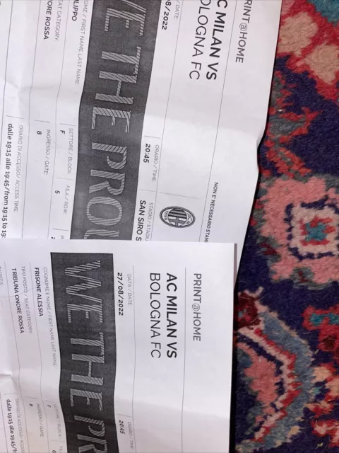 Vendo 2 Biglietti Milan-Bologna - Tribuna D’onore Rossa