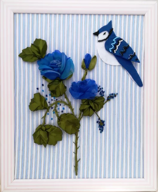 cuadro rosas azules,cuadro artesanal unico,realizado con cintas de organza saten