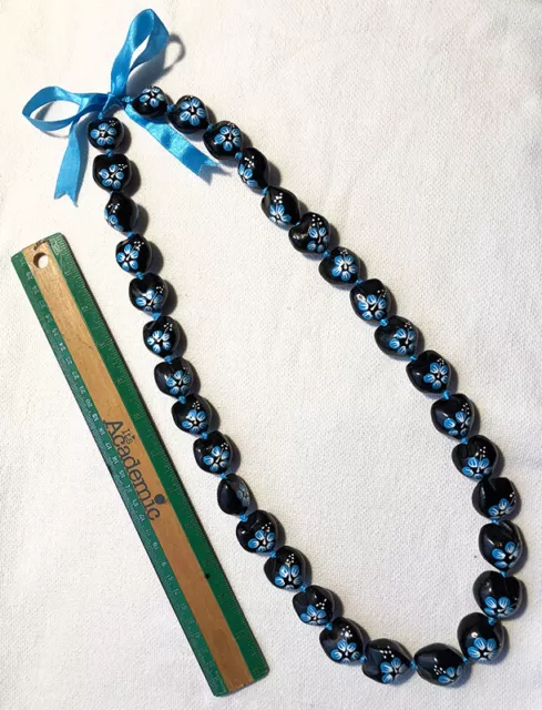 Kukui Nut Lei Blue Hibiscus Flower Necklace Graduation Wedding Hawaiian Luau New