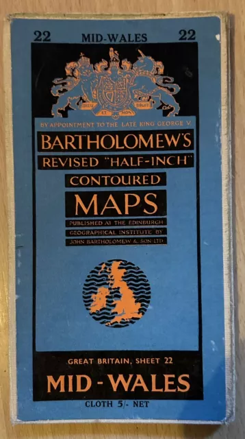 Bartholomew's Half Inch Contoured Map Sheet 22, Mid-Wales Mounted On Cloth