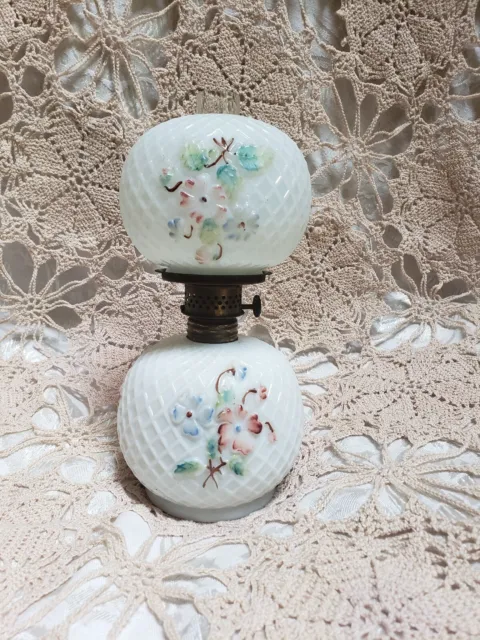 Antique Hand Painted Milk Glass Oil Lamp. Made In USA