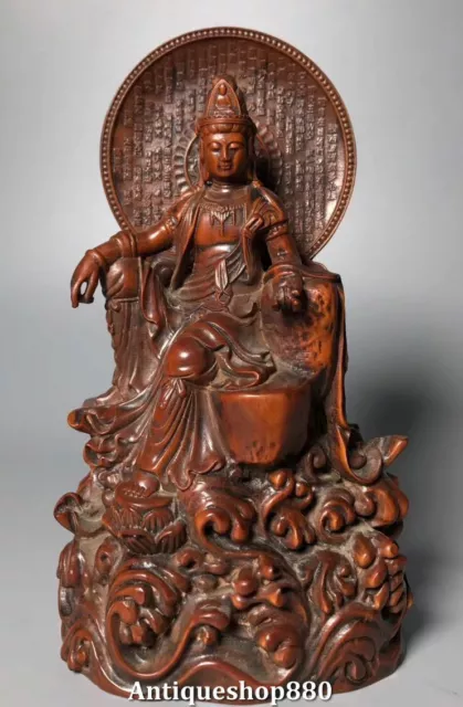 Chinese Boxwood Carving Buddhism Lotus Kwan-yin Guanyin Quan Yin Goddess Statue