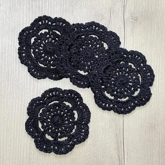 4Pcs/Lot Black Vintage Hand Crochet Lace Doilies Round Table Mat Flower Doily 4"
