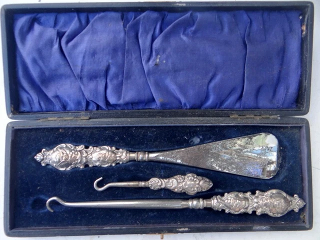 Boxed Shoehorn & 2 Button Hooks, With Hallmarked Silver Handles.