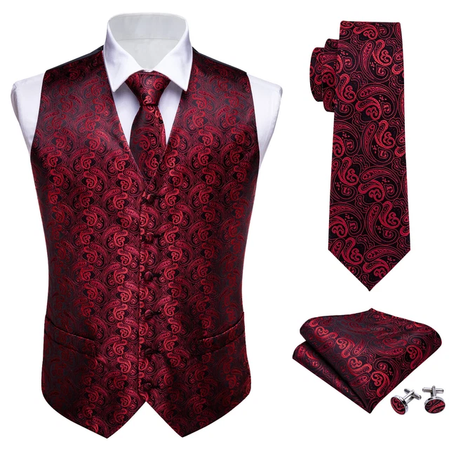UK Mens Vest Burgundy Red Paisley Suit Silk Waistcoat Tie Cufflinks Set Wedding