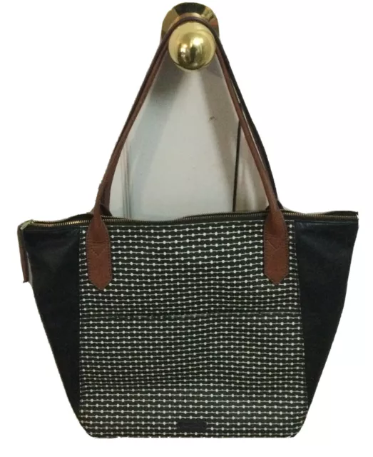 FOSSIL Tote Shoulder Handbag Purse Coated Canvas Black & White Leather Strap