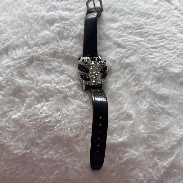 VICTORIA WIECK BLACK Leather Pave Crystals Panda Bears Watch  display picture 1