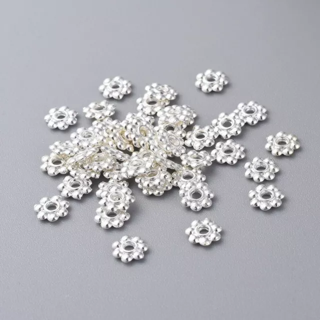 100 x 6x2mm shiny silver flower daisy flower Tibetan beads flat round (Large)