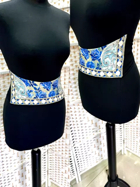 Beautiful Coloring Michal Negrin Fabric Waist Belt With Blue Flower Unique.