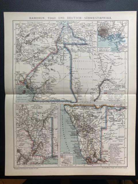 antike historische Landkarte Deutsche Kolonien: Kamerun, Togo DSWA um 1900