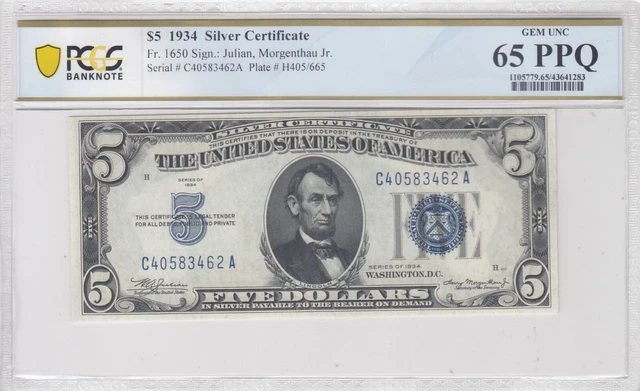1934 $5 Silver Certificate Fr. 1650 PCGS Banknote Gem Unc 65 PPQ