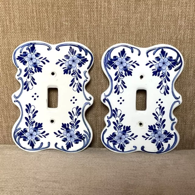 Vintage Porcelain Delft Blue Flower Light Switch Plate Covers PAIR / SET OF 2