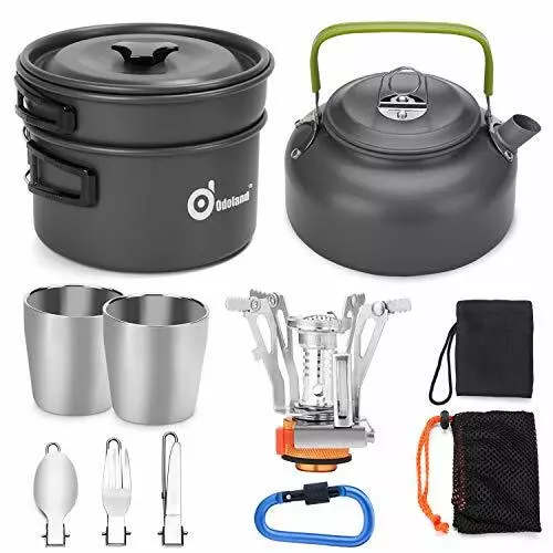 Odoland 12pcs Camping Cookware Mess Kit with Stove, Lightweight Outdoor Pot Pan