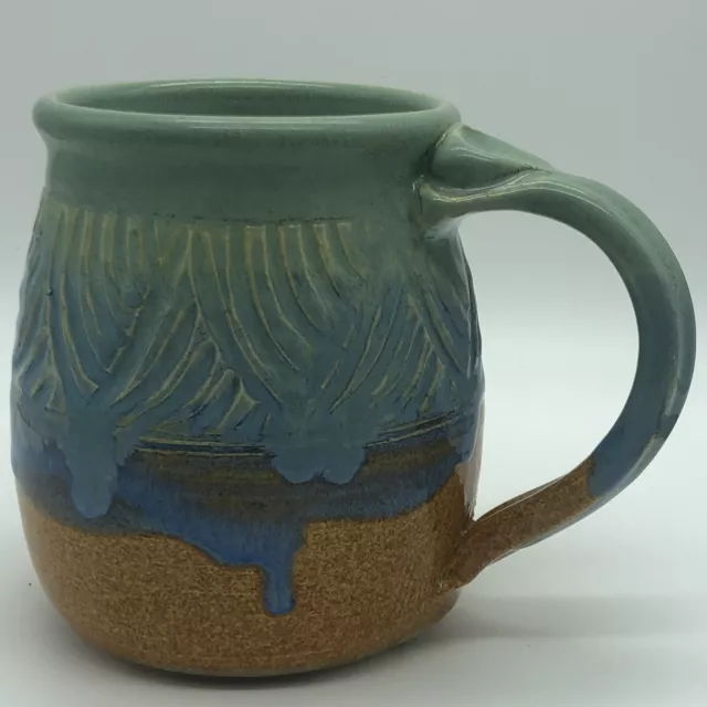 Kona Hut Stoneware Coffee Mug Seafoam Drip Glaze with Thumb Impression Signed