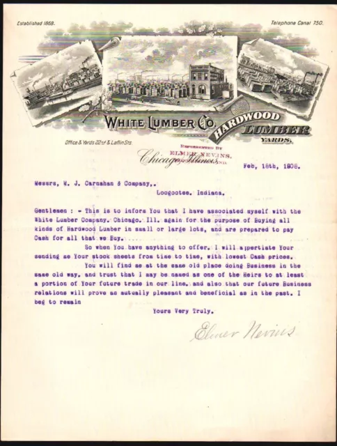 1908 White Lumber Co - Elmer Nevins - Chicago  - History Rare Letter Head Bill