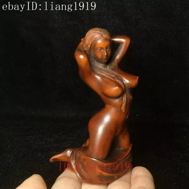 Old Chinese Boxwood Wood Hand Carving Art Beauty Belle Statue Sculpture 3