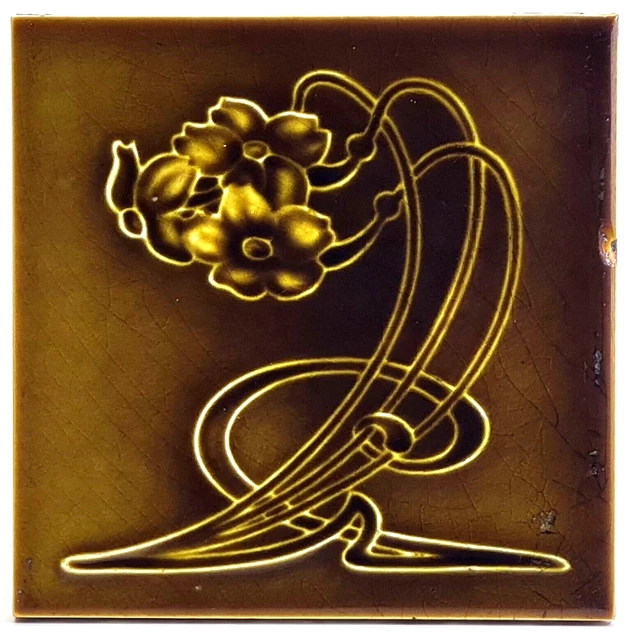 Antique Fireplace Tile Moulded Majolica Triple Daffodils Henry Richards C1907