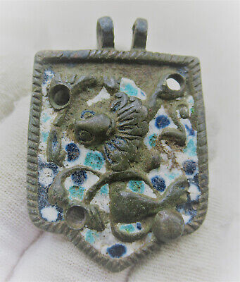 A7Ancient Medieval Era Bronze And Enamelled Heraldic Horse Harness Amulet/ Lion.