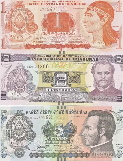 Honduras 1,2, 5 Lempiras World Currency Money Uncirculated Banknotes Set # 2