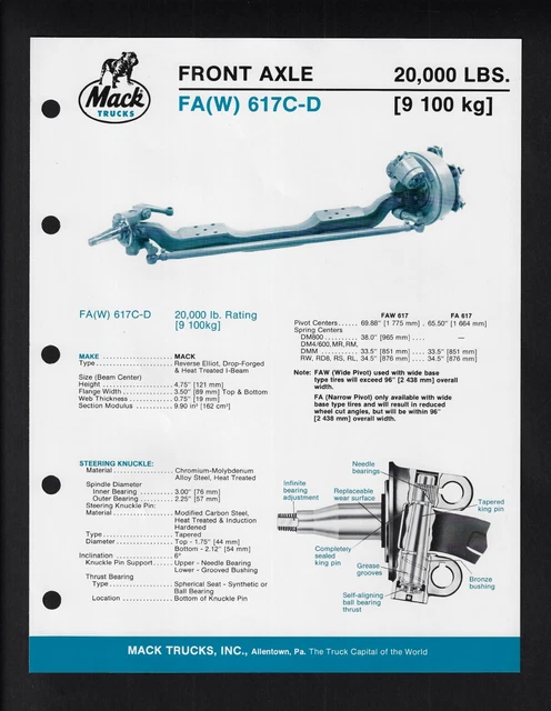 MACK TRUCKS FA[W] 617C-D Front Axle Specifications Brochure 01/85 EUR ...