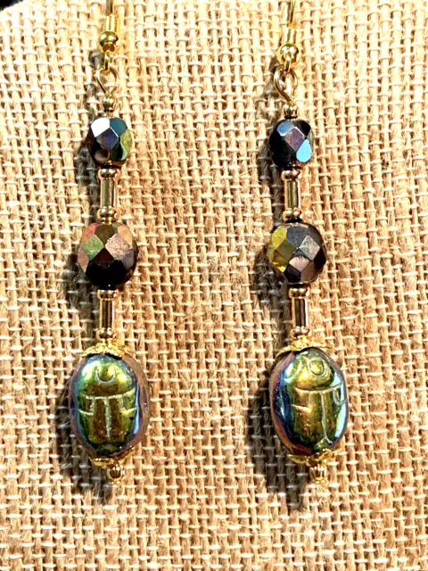 25% Off*VTG.CZECH GOLDEN AURORA JET VITRAIL CRYSTAL EGYPTIAN SCARAB EARRINGS #4