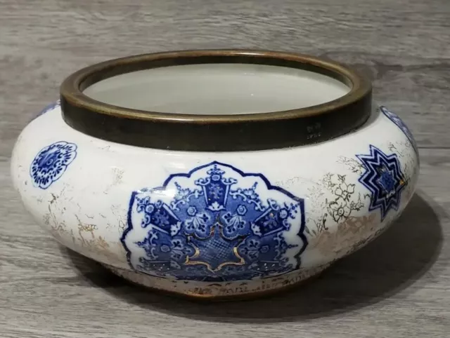 Vintage JKL Fenton England OSAKA Blue White Ceramic Bowl Fruit With EPNS Rim