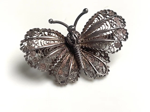 Ancienne Broche Papillon En Argent Filigrane – Vintage, Quelques Usures – Bijou De Collection